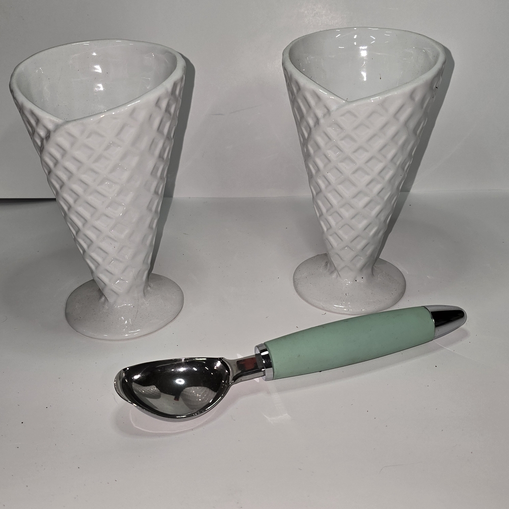 White Ceramic Ice Cream Cone Cups with Mint Green Ice Cream Scoop